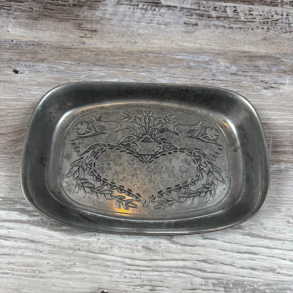 Vintage 70s Wilton Pewter Lovebirds Trinket Dish Vanity Tray Folk Art Decor